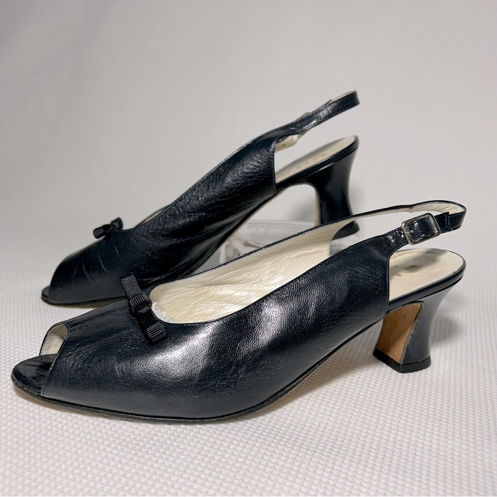 Chantal Navy Leather Slingback Peep Toe  Heels 8 W